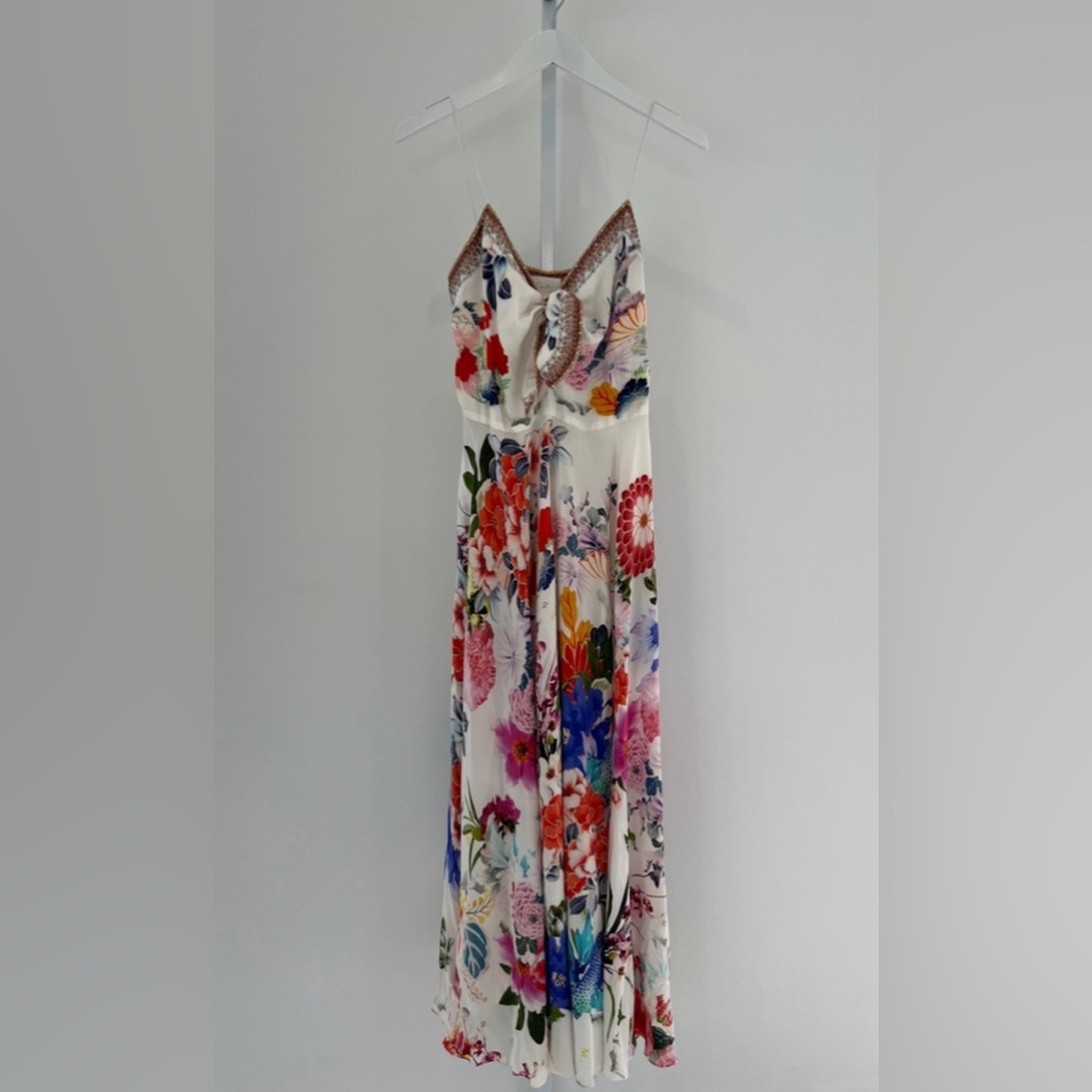 CAMILLA WHITE FLORAL SILK EMBELLISHED TIE FRONT DRESS SIZE M NWOTS!